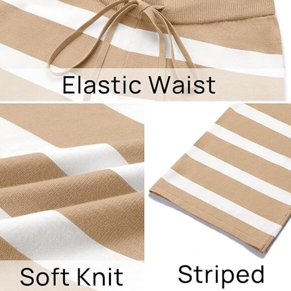 Comfy High Waist Wide Leg Knit Lounge Pants Tan White Striped Women M - Picture 8 of 14